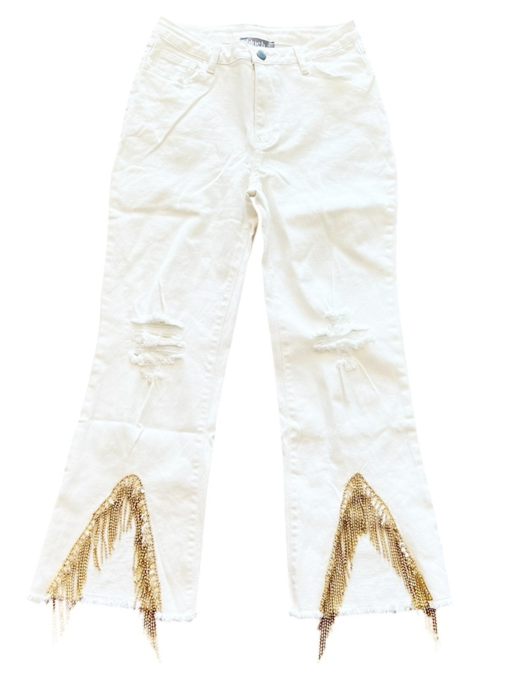 NEW blue b White Clear Rhinestone Gold Hardware Detail Trim Stretch Denim Jeans - Picture 2 of 7